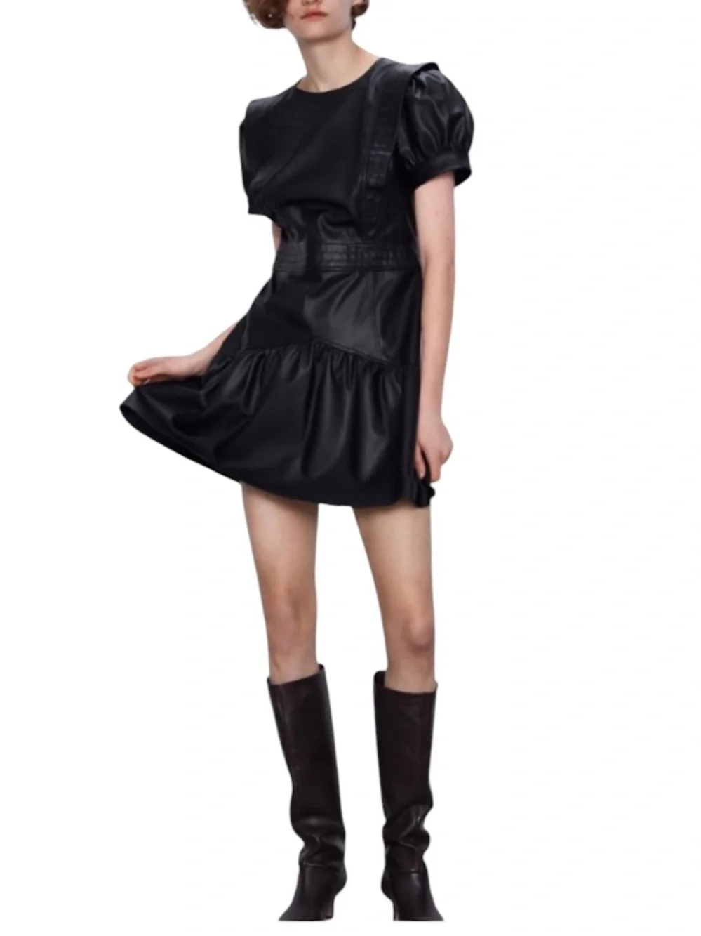LN Zara Black Faux Leather Puff Sleeve Flared Mini Dress - XS